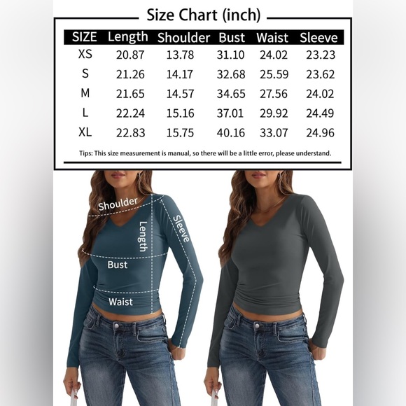 Long Sleeve Shirt V Neck Basics Crop Tops Layering Slim Fitted Y2K - Picture 6 of 6